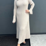 Long Sleeve Dress Crew-Neck Knit Maxi Dress Ribbed Elegant Long High Waist Pleated Dresses