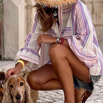 Fashion striped v-neck cropped puff sleeve stitching shirt
