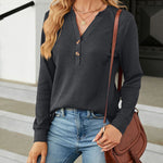 Solid Color V-Neck Button Loose Long Sleeve T-Shirt Top