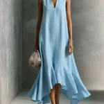 Green Faux Cotton-linen V-neck Sleeveless Maxi Dress