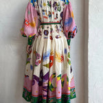 Retro French court style pleated maxi print dress