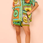 Loose casual shorts fashionable versatile printed daisy flower linen two-piece suit