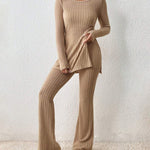 Nadorine Causal Knitted Sets Split Hem Tee & Flare Leg Pants