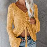 Front Tie Crop Knits Tops Ruched Drawstring Knitted V Neck Long Sleeve T Shirts