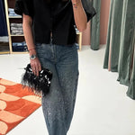 Fashionable Rhinestone Mid-rise Loose Pocket Straight Jeans