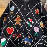 Argyle Candy Gingerbread Man Embroidered Button-knit Cardigan