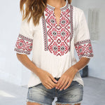 Nadorine Summer V Neck Boho Embroidered Shirts Short Sleeve Casual Tops Blouse
