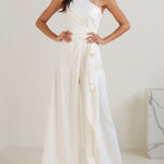 White Cross-Neck Lace Panel Wide-Leg Jumpsuit With Tie Waist