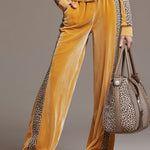 Casual Sporty Retro Leopard Print Trim Yellow Velvet Sweatshirt Wide-Leg Pants Set