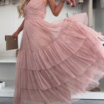 Romantic Movie Tulle Ruched Tiered Hem Slip Maxi Dress