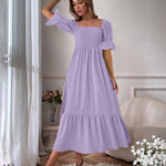 Ruffle Puff Sleeve Smocked Dress Square Neck Long Sleeve High Waist Flowy Maxi Dress