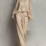 Women's Beige Chiffon Cold-Shoulder Blouse With Flared Sleeves & Wide-Leg Pants Set