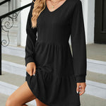 Solid Color Patchwork V-Neck Long Sleeves Loose-Fitting A-Line Dress