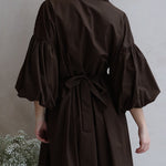 Half Sleeves Loose Buttoned Pleated Solid Color Tied Waist Stand Collar Maxi Dresses