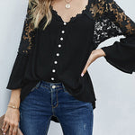 Nadorine Lace Boho Blouses Crochet Flowy Bell Sleeve Button Down Casual T Shirts