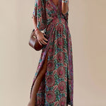 Nadorine Women's Bohemian Printing V Neck Dress Elegant Split Ankle Length Long Dress