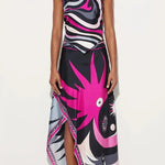 Satin Unique Print Halter Top and Irregular Midi Skirt Set