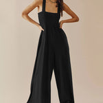 Spaghetti Strap Jumpsuit Casual Sleeveless Ruffled with Pockets High Waist Loose Wide Leg Pants Romper