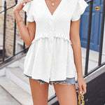 Hollow jacquard waist lace ruffle sleeve shirt