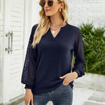 Nadorine V Neck Tops Solid Color Blouse Long Sleeve Pullover Lace Patchwork Shirt