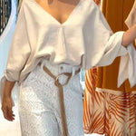 Joyful Bond Linen Blend V-neck Knotted Cuff Half Sleeve Loose Top