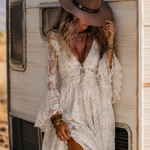 Apricot Lace V-neck Bell Sleeve Bohemian Maxi Dress