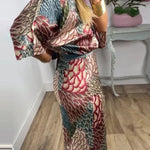 Harlen Satin Unique Printed Loose Shirt Top and Elastic Waist Maxi Skirt Set