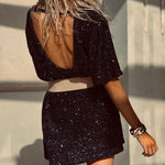 Night Moves Sequin Fabric Short Sleeve Backless H-line Mini Dress