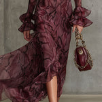 Elegant And Fashionable Burgundy Chiffon Snakeskin Pattern Ruffled Long-Sleeved Maxi Dress