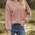 V-Neck Solid Color Twisted Knit Long Sleeve Loose T-Shirt Tops