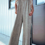 Solid Color Sexy V-neck Open Back Pleated Loose Denim Jumpsuit