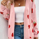 Pink Casual Strawberry Pattern Knit Cardigan