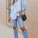 Nadorine Stripe Button-Down Long Sleeve Shirt Contrast Business Casual Top Loose Blouse