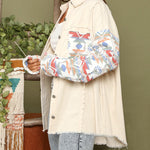 Frayed Denim Jacket Vintage Boho Tribal Button Down Patchwork Shirt Shacket