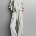 Women's Beige Textured Knit Co-Ord Set With Contrast Piping & Pleated Pants, Effortless Chic Style Set