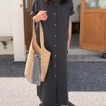 Oversized Button Down Maxi Shirt Dress Short Sleeve Side Split Casual Loose Solid Tunic Dress