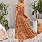 Sleeveless Lace-up Backless Smocked Tiered Maxi Dress Boho Long Beach Sundresses