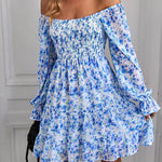 Ribbed Long Sleeve Chiffon Dress Crewneck Elegant Batwing Bohemian Floral Printed Dress