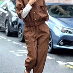 Street Charm Glossy Fabric Button Pocket Cargo Jacket and Elastic Waist Jogger Pants Set