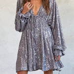 V Neck Balloon Sleeves Backless Drawstring Sequin Dress