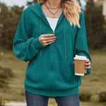 V-Neck Zipper Closure Solid Color Long Loose Hoodie Jacket
