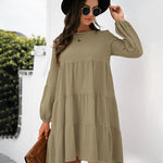 Long Puff Sleeve Shirt Dress Casual Crewneck Loose Fit Sundress Trendy Tiered Layer Summer Mini Dresses