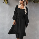 Solid Square Neck Bishop Sleeve Flounce Hem Dress