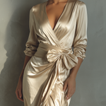 Women's Champagne-colored Wrap-around Tie-waist Maxi Dress