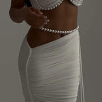 Imalia Stretch Mesh Pearl Trim Gathered Tank and Detachable Belt Vacation Maxi Skirt Set