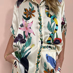 Half Sleeves Loose Buttoned Flower Print Pockets Lapel T-Shirt Top + Drawstring Elasticity Pants Bottom Two Pieces Set