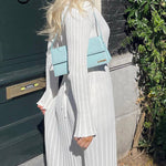 Long Sleeve Dress V-Neck Knit Maxi Dress Ribbed Elegant Long High Waist Pleated Dresses