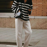 Mock Neck Zip-Up Striped Pullover Sweater