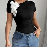 Short Sleeves Skinny Pleated Solid Color Three-Dimensional Flower Asymmetric Collar T-Shirts Tops