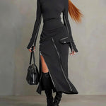 Bodycon Irregularity Asymmetric Pockets Solid Color Split-Joint Split-Side Zipper Half Turtleneck Midi Dresses